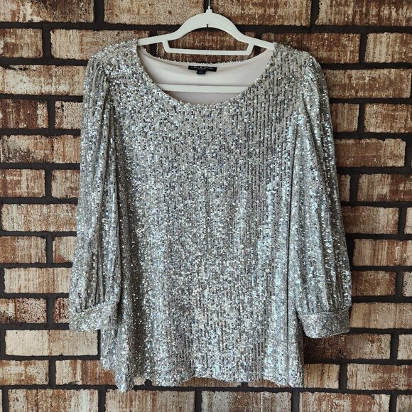 Cable & Gage Gold Sequined 3/4 sleeve scoop neck blouse size 1X EUC - Picture 1 of 7